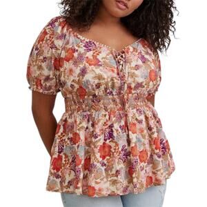 Torrid Georgette Floral Eyelet Smocked Waist Puff Sleeve Top Blouse Women’s 2X